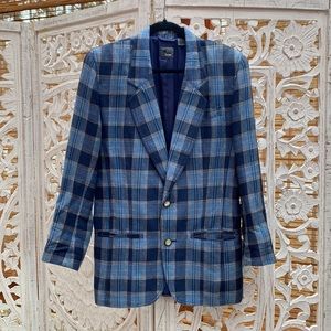 Men’s Liz Wear Vintage 80s Blue Plaid Lightweith Linen Blazer - Small